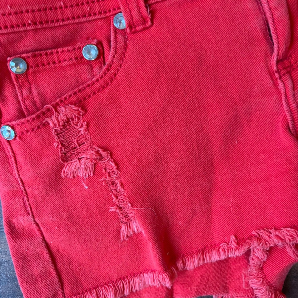 Y2k Red Distressed Denim Shorts Rhinestone Studded Raw Hem Festival Kesha Summer - Picture 2 of 7
